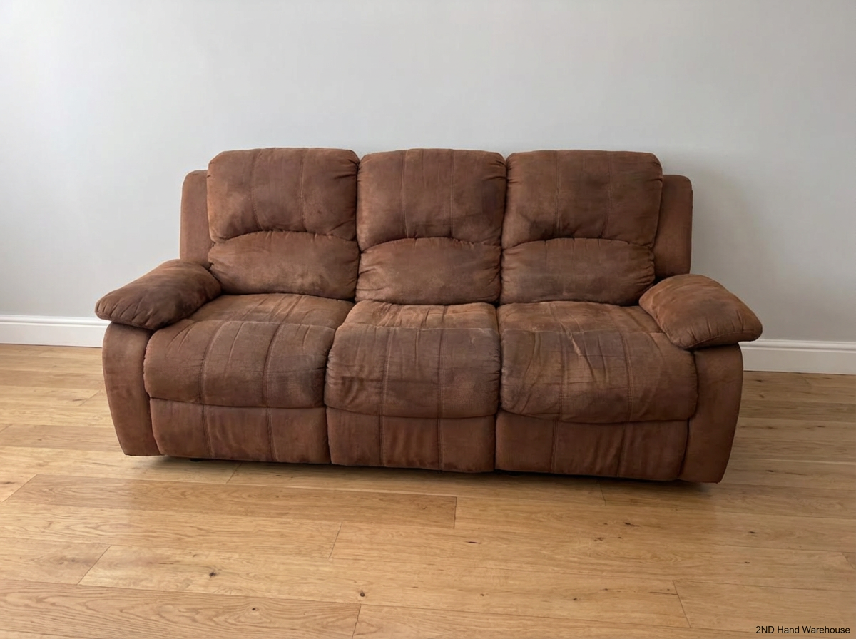Brown Fabric 3 Seater Recliner - Damaged Springs on Ends - 2ndhandwarehouse.com