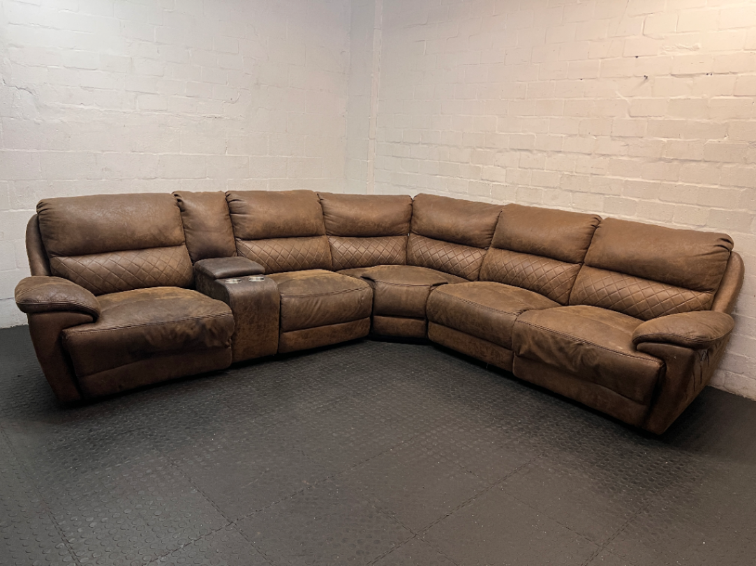 Brown L-Shaped Corner Lounge Suite with Console — Worn Material on Recliner Leg Piece - 2ndhandwarehouse.com