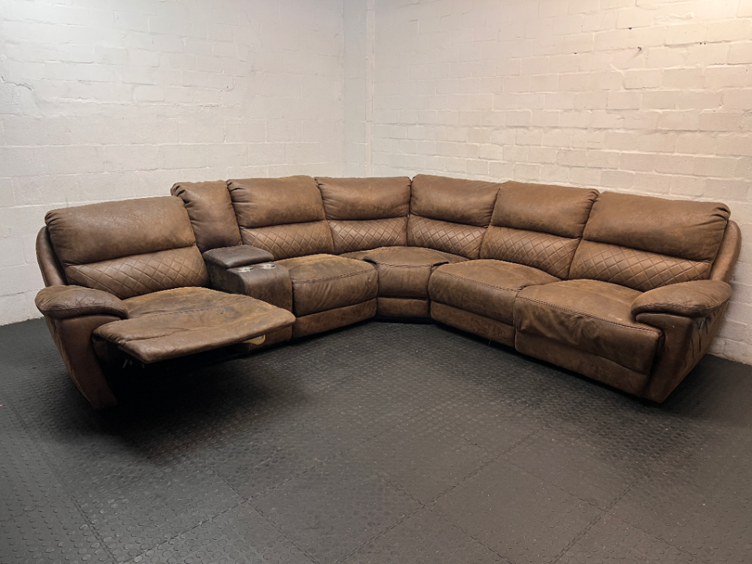 Brown L-Shaped Corner Lounge Suite with Console — Worn Material on Recliner Leg Piece - 2ndhandwarehouse.com
