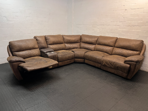 Brown L-Shaped Corner Lounge Suite with Console — Worn Material on Recliner Leg Piece - 2ndhandwarehouse.com