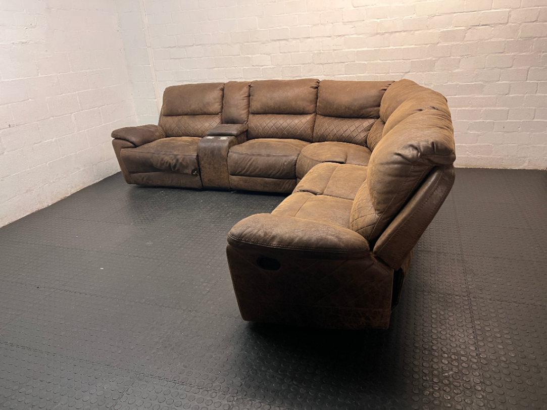Brown L-Shaped Corner Lounge Suite with Console — Worn Material on Recliner Leg Piece - 2ndhandwarehouse.com