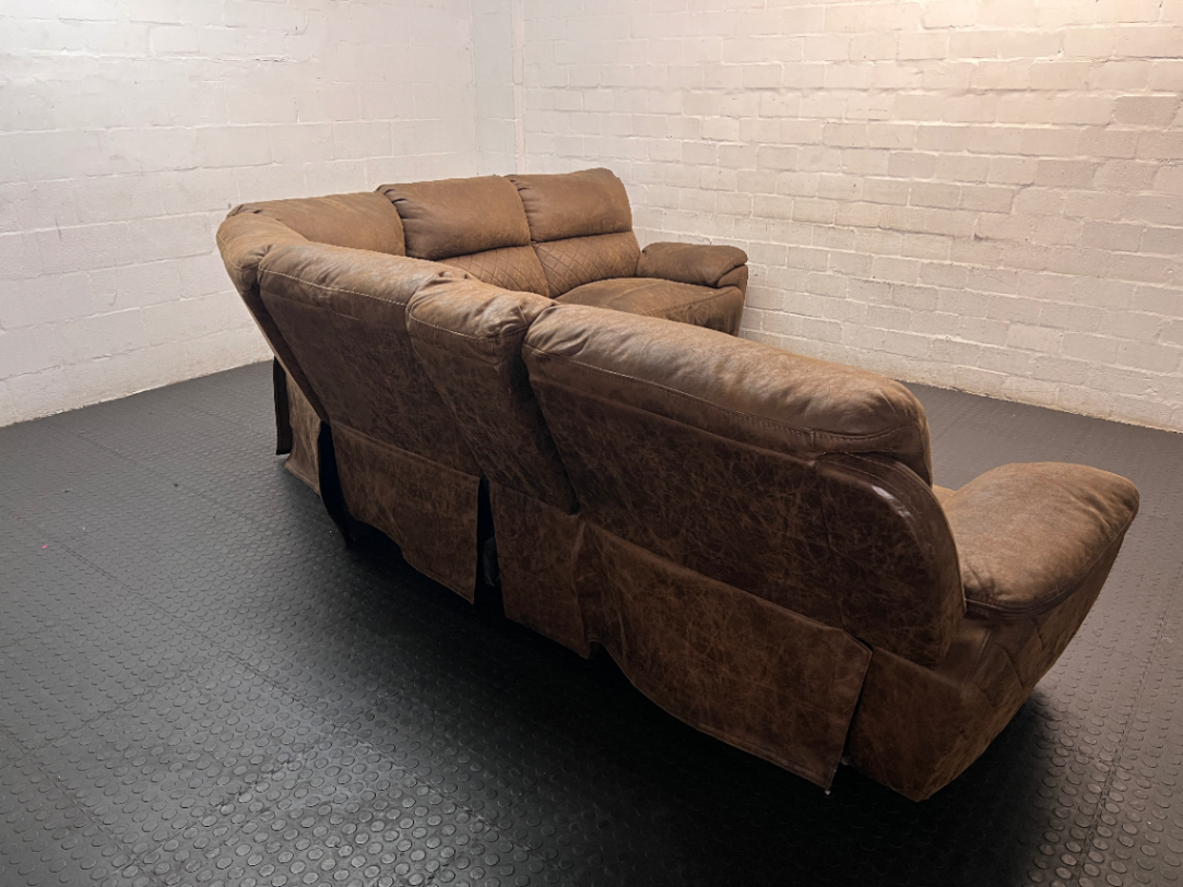 Brown L-Shaped Corner Lounge Suite with Console — Worn Material on Recliner Leg Piece - 2ndhandwarehouse.com