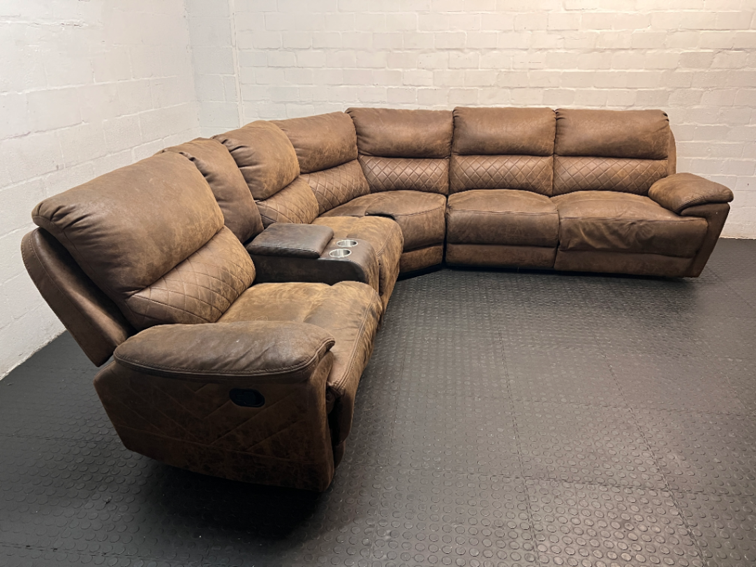 Brown L-Shaped Corner Lounge Suite with Console — Worn Material on Recliner Leg Piece - 2ndhandwarehouse.com