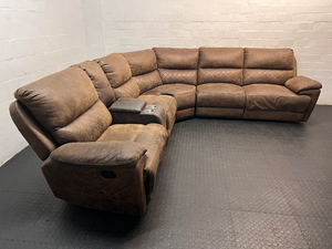 Brown L-Shaped Corner Lounge Suite with Console — Worn Material on Recliner Leg Piece - 2ndhandwarehouse.com
