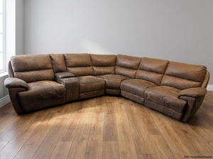 Brown L-Shaped Corner Lounge Suite with Console — Worn Material on Recliner Leg Piece - 2ndhandwarehouse.com