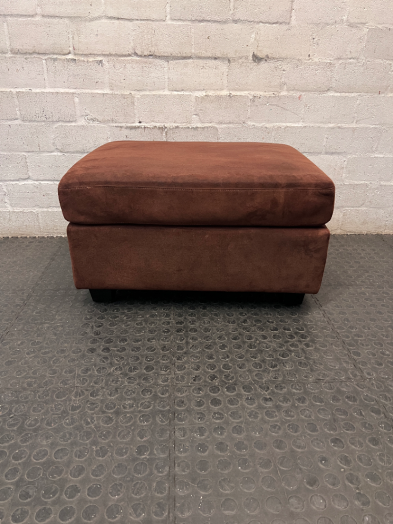 Brown Suede-Style Upholstered Ottoman — Good Condition with Mild Wear