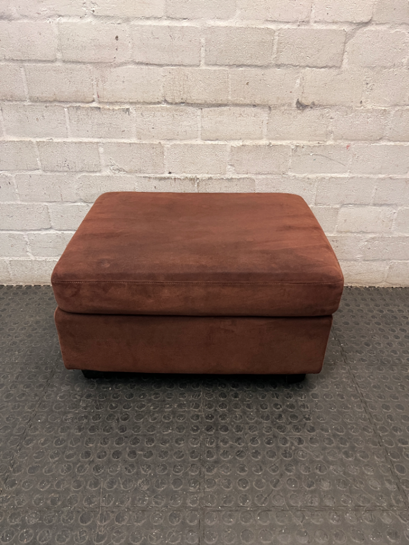 Brown Suede-Style Upholstered Ottoman — Good Condition with Mild Wear