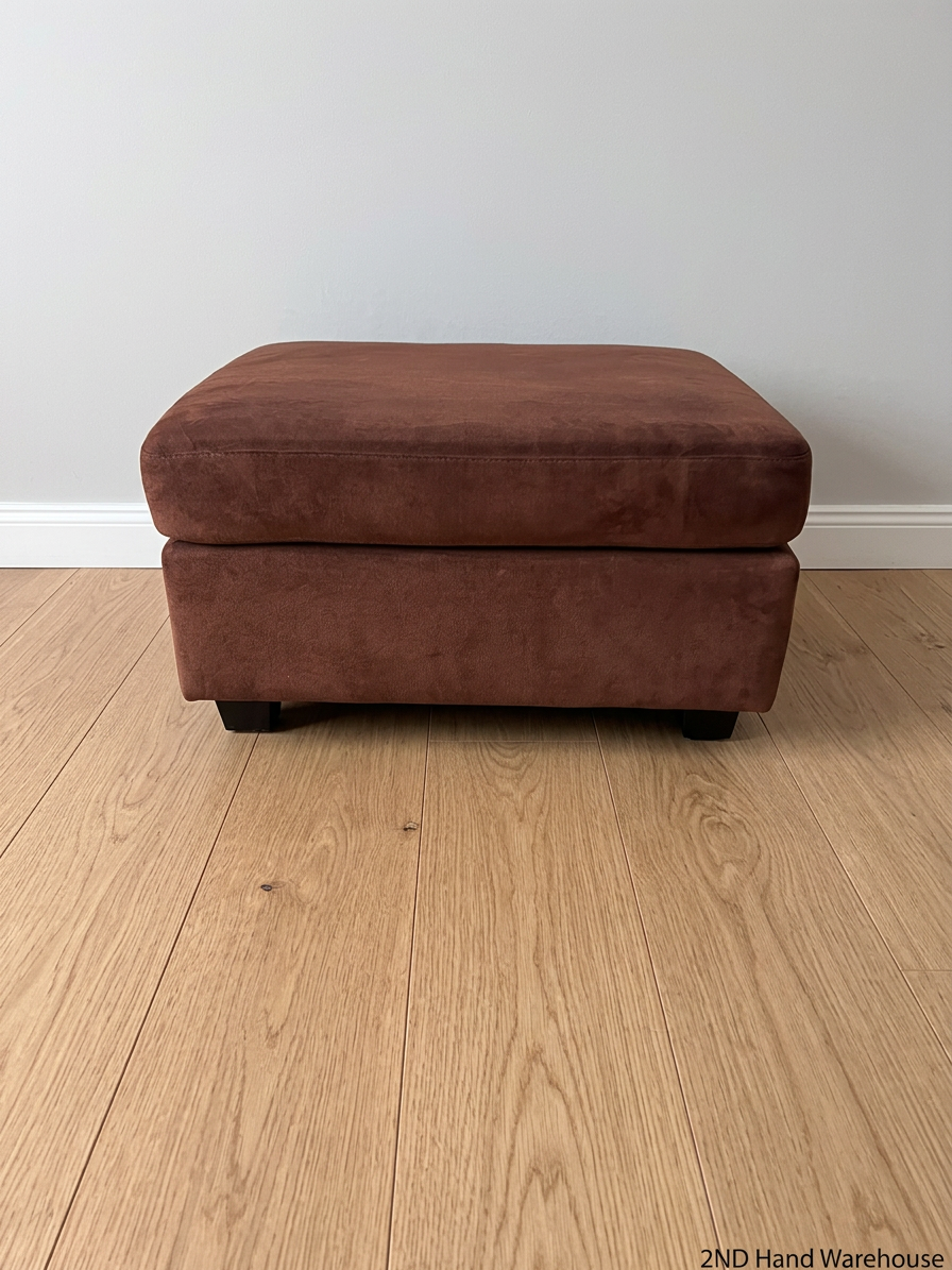 Brown Suede-Style Upholstered Ottoman — Good Condition with Mild Wear