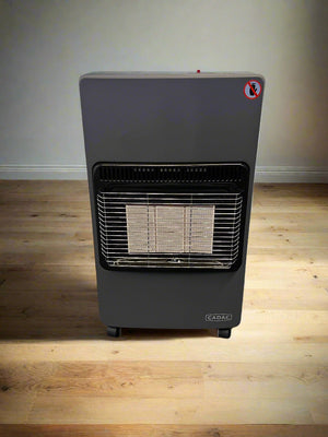 Portable gas heater on a wooden floor with a plain wall background
