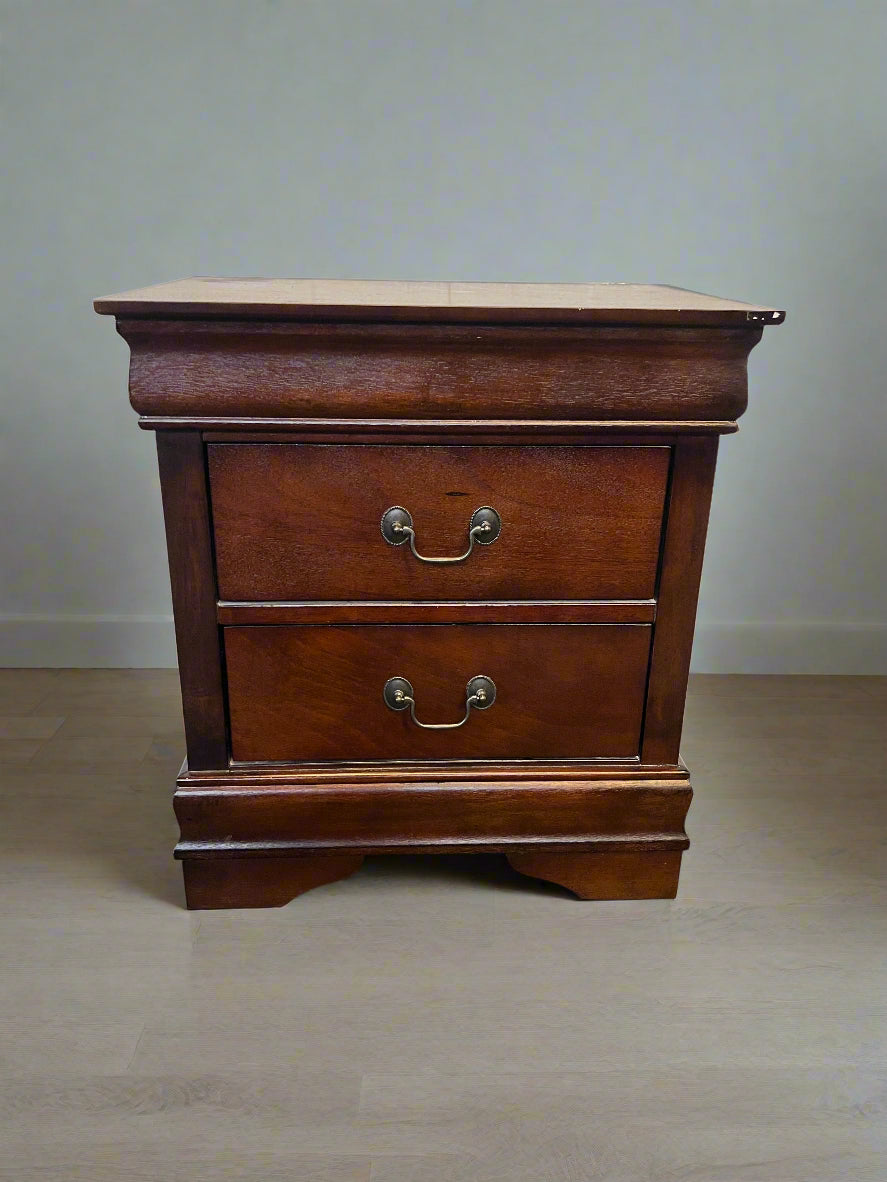 Charming Dark Wooden Nightstand with Two Drawers - Minor Scratches
