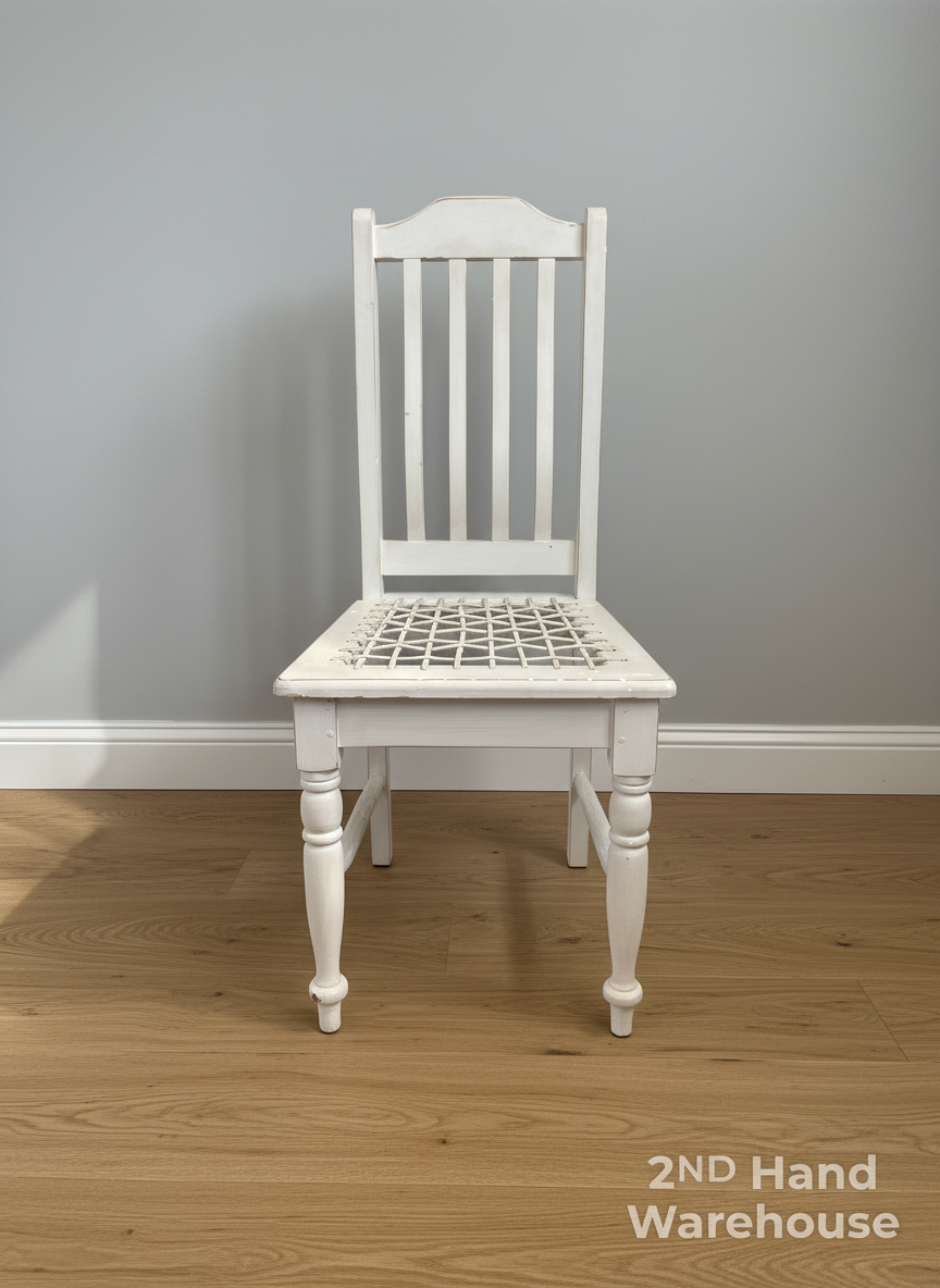 Charming Distressed White Wooden Chair with Woven Seat