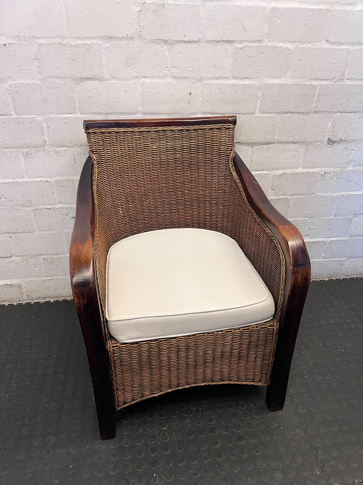 Charming Rattan & Wood Accent Armchair with Cushion - 2ndhandwarehouse.com