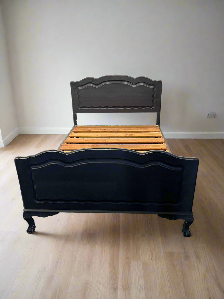 Charming Vintage Blue Metal Double Bed Frame with Wooden Slats