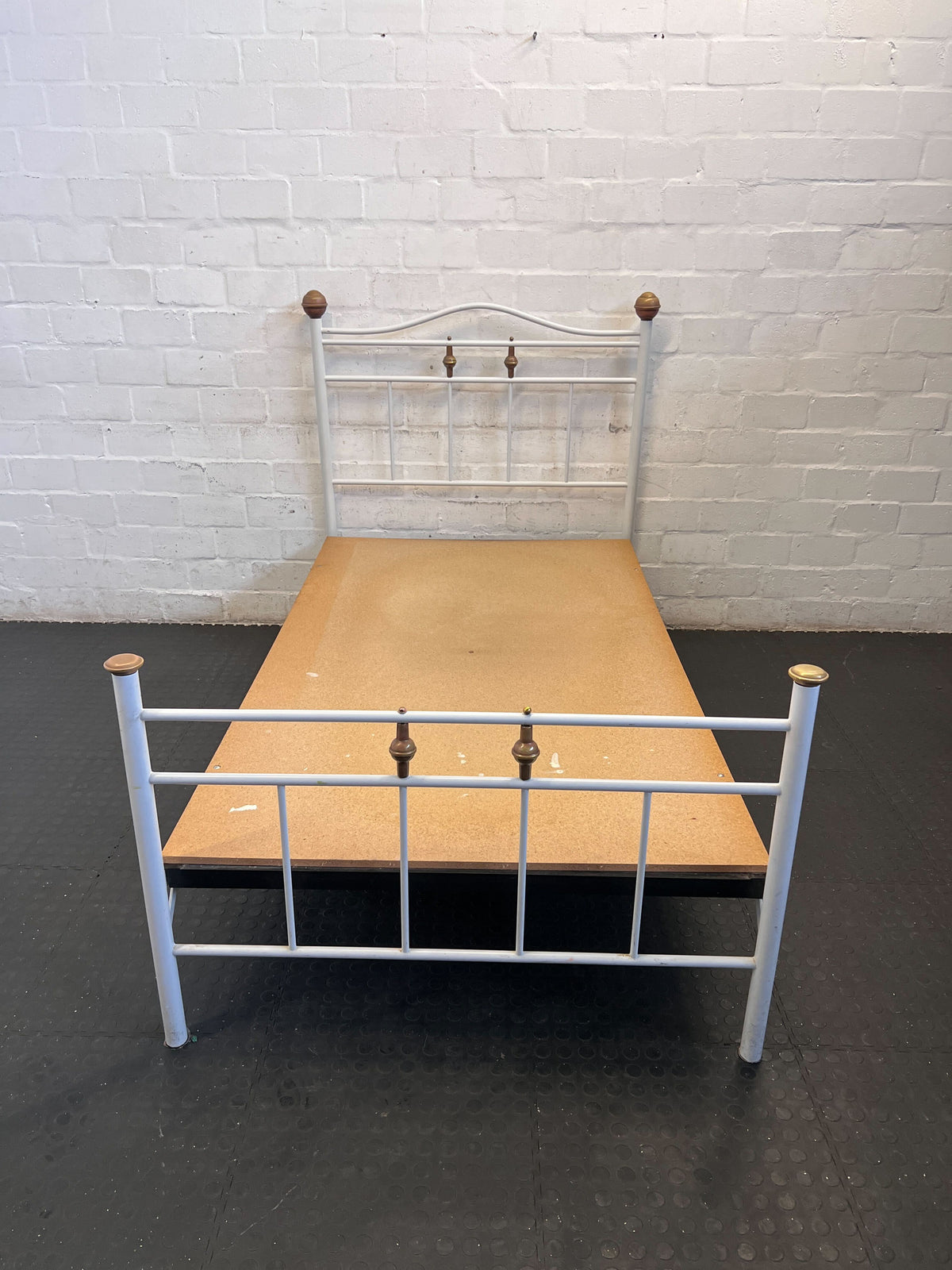 Charming White Metal three quarter Bed Frame with Wood Accents