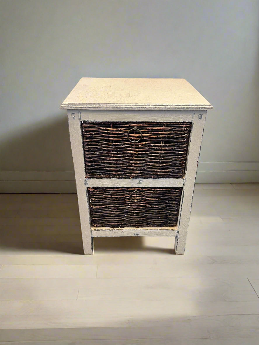 Charming White Nightstand with Woven Baskets – Minor Wear