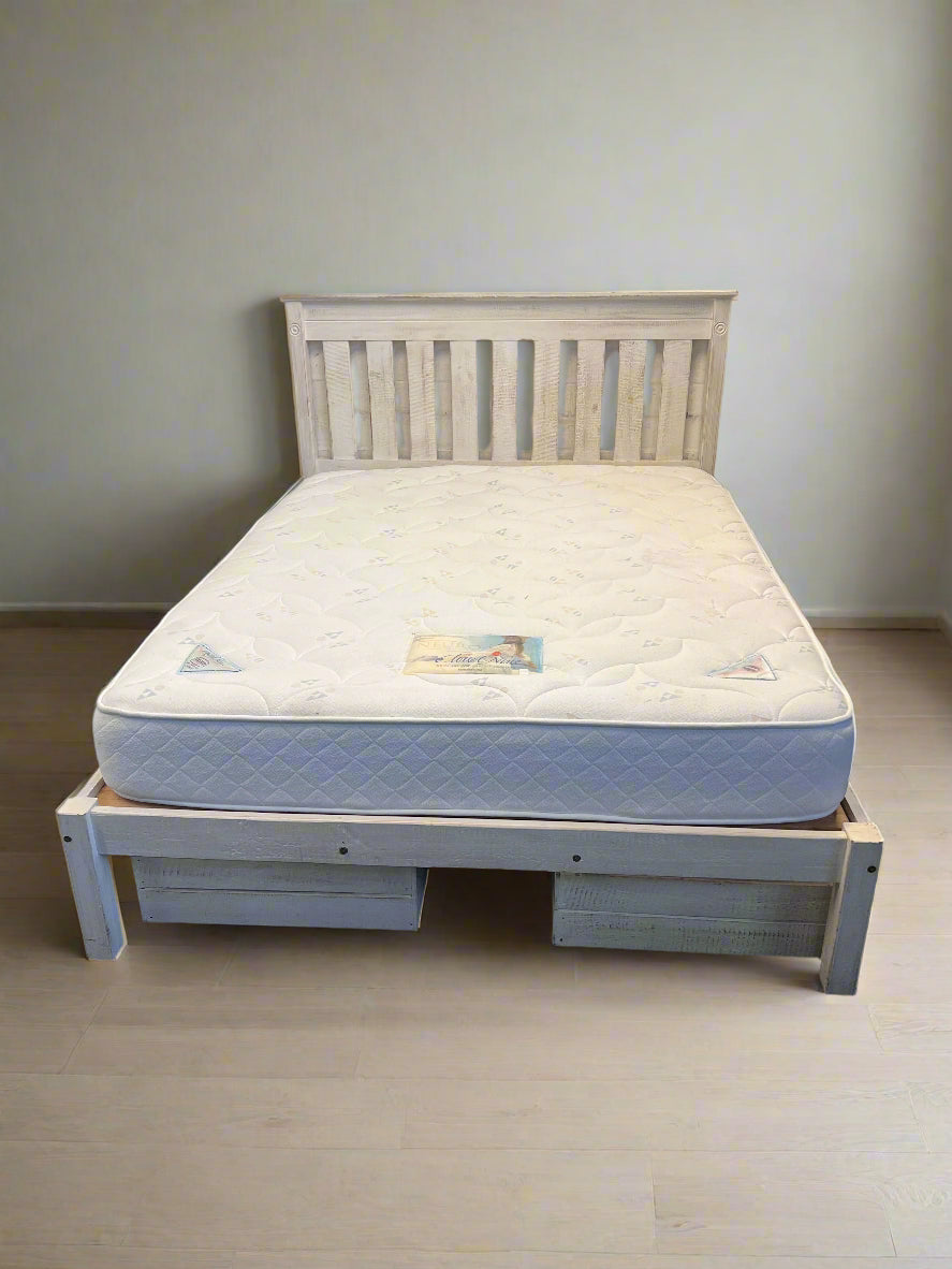 Charming White Wooden Queen Bed Frame with Mattress – Rustic Style