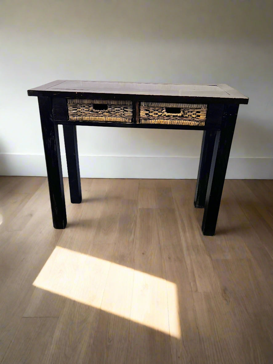 Chic Black Console Table with Woven Basket Drawers