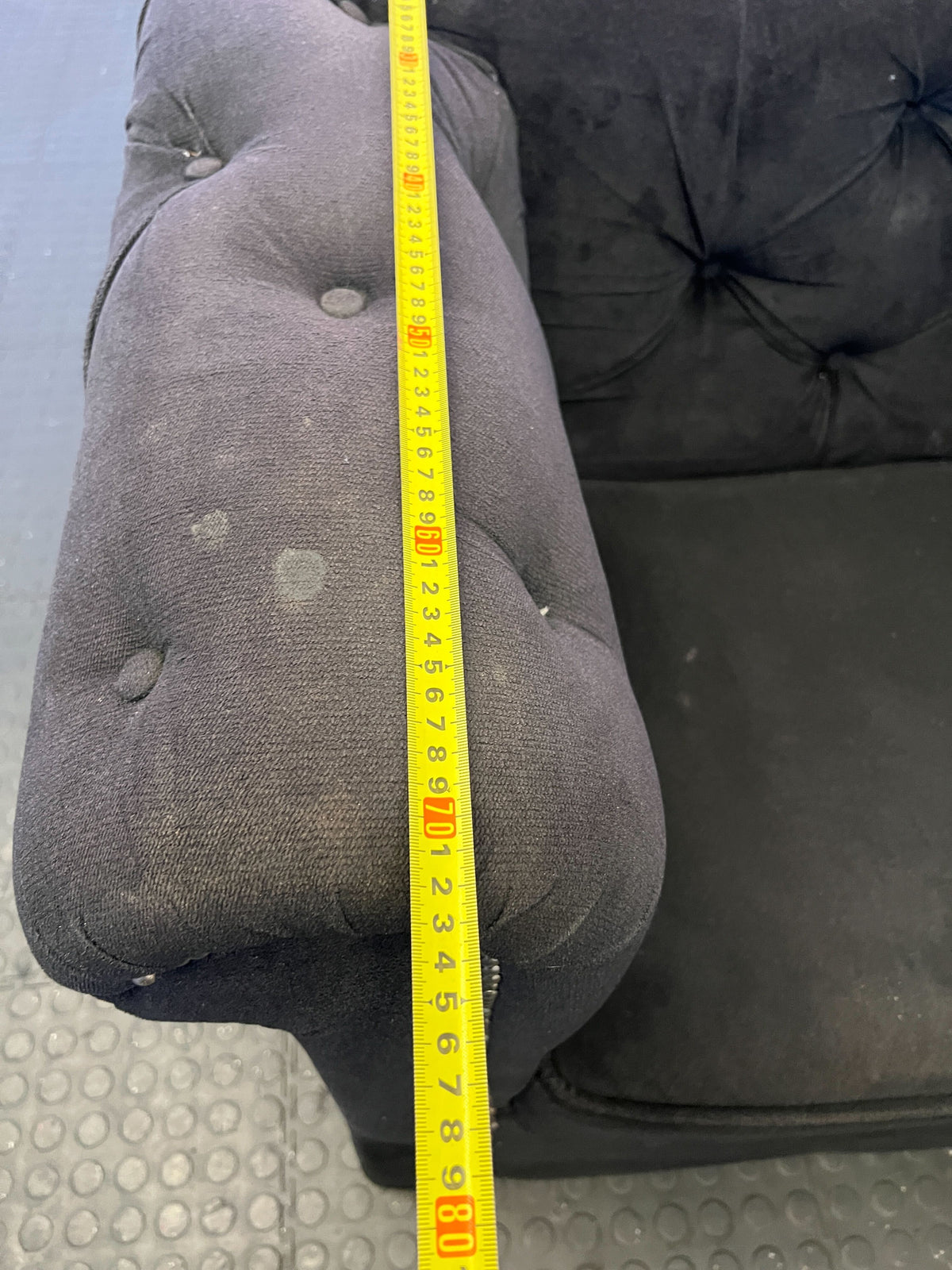 Chic Black Velvet Armchair with Tufted Design and Minor Damage - REDUCED