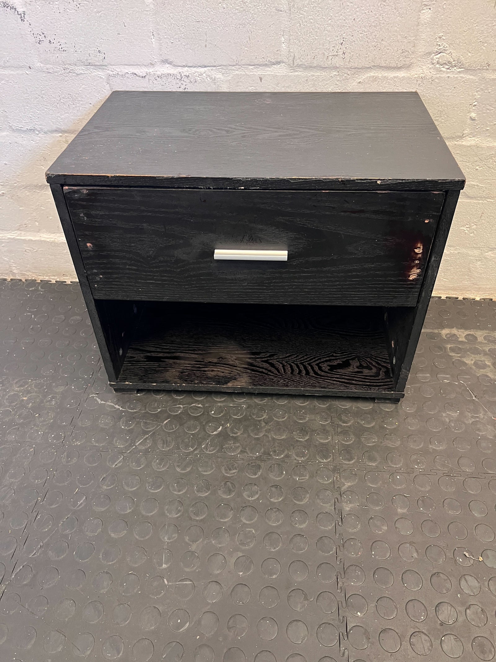 Black Wooden Nightstand with Drawer and Open Shelf