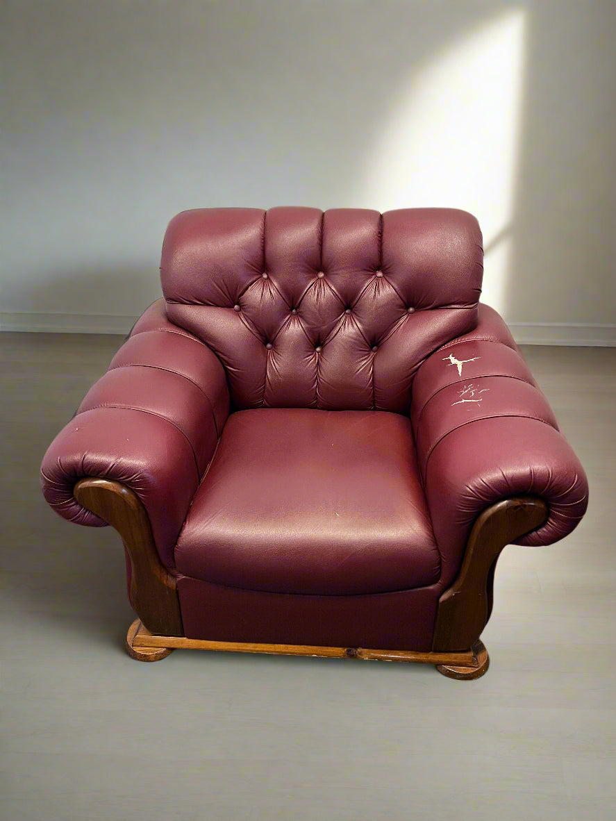 Chic Burgundy Leather Armchair with Wooden Accents – Minor Wear