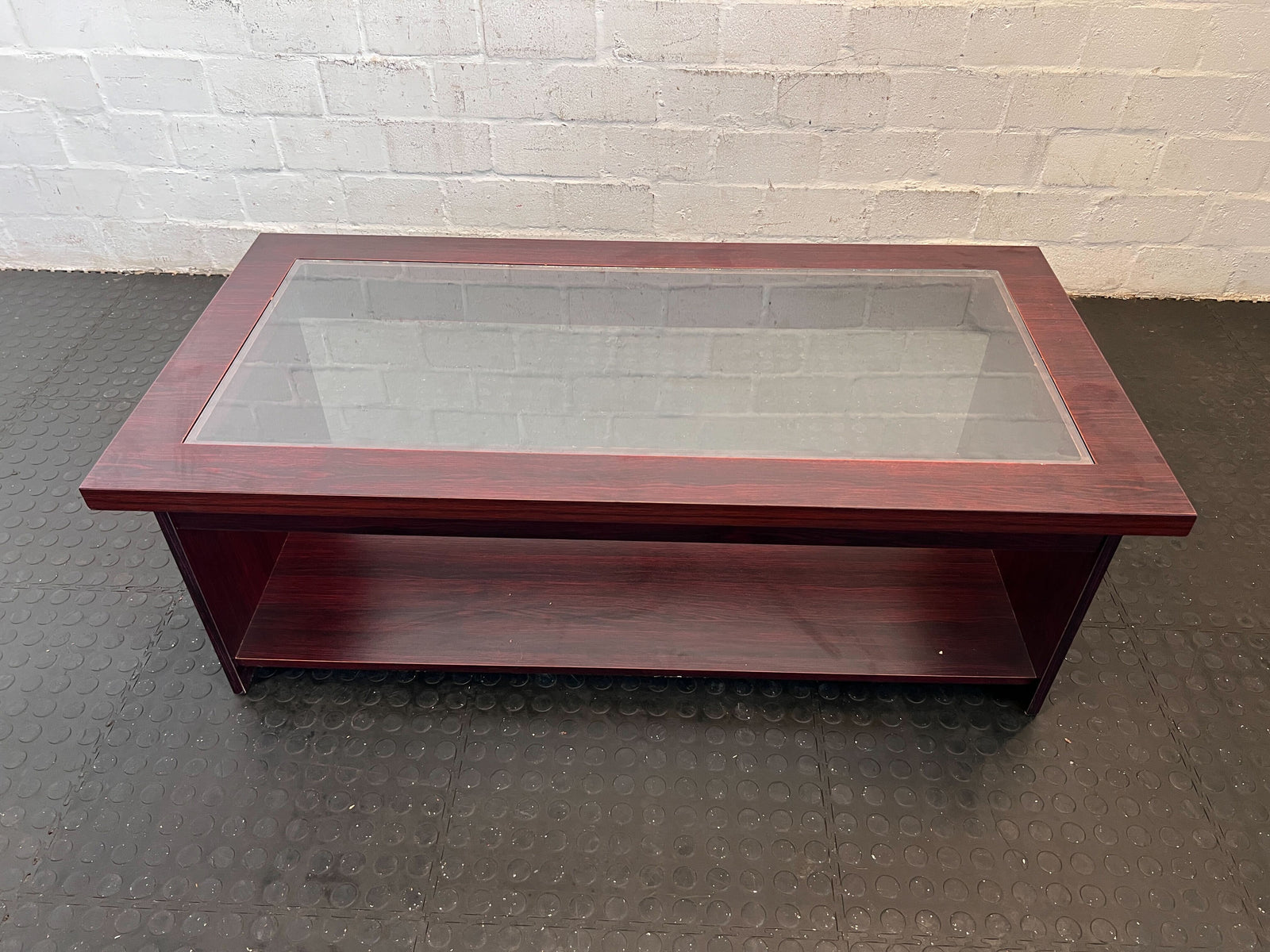 Chic Dark Wood Coffee Table with Glass Top and Shelf