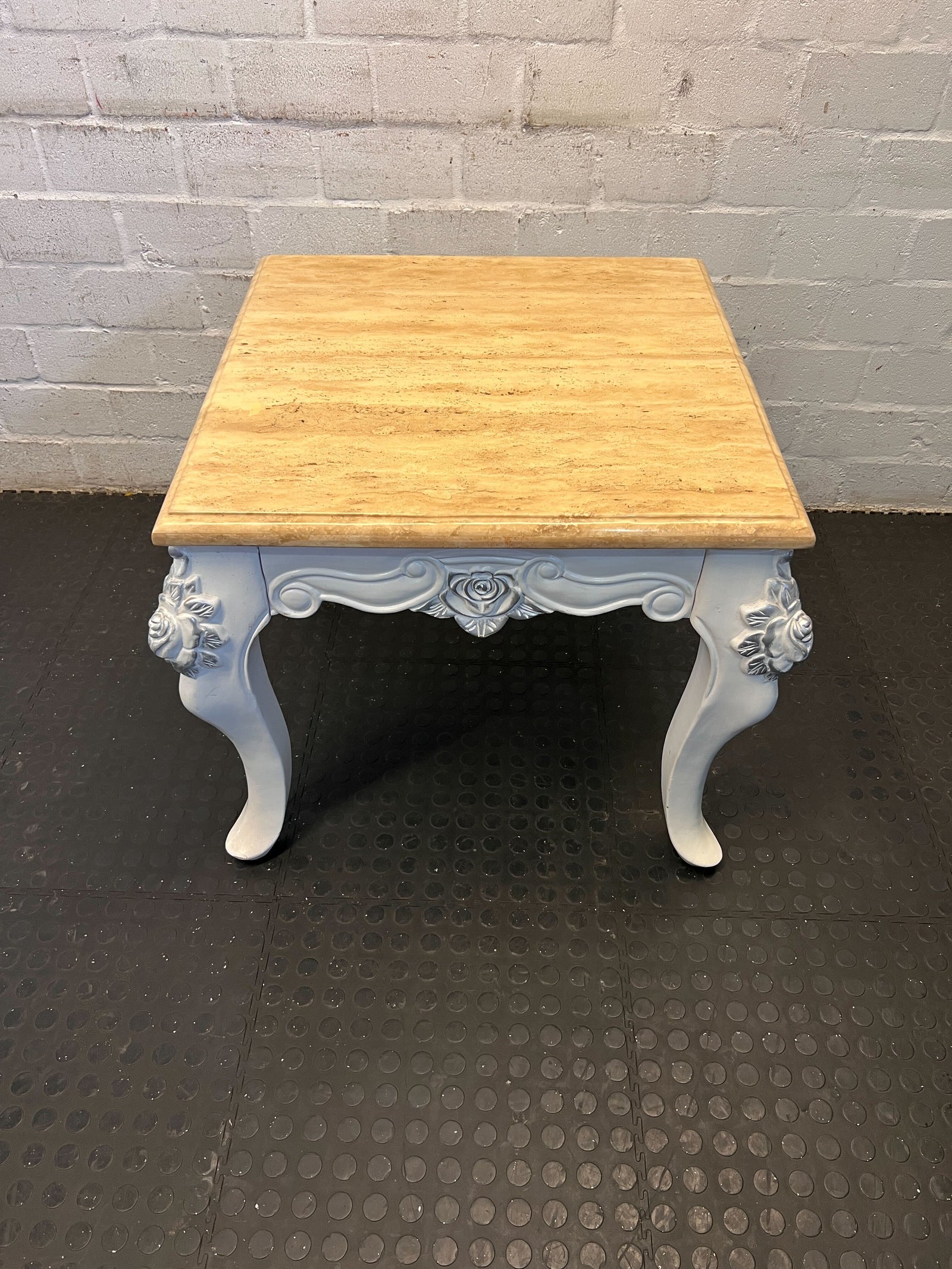 Chic Vintage Light Blue Coffee Table with Natural Finish Top