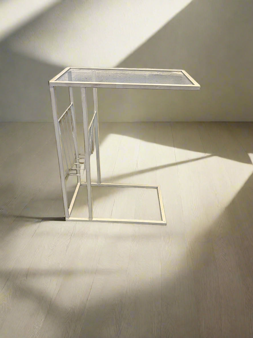 Chic White Metal Glass Side Table with Minor Scratches