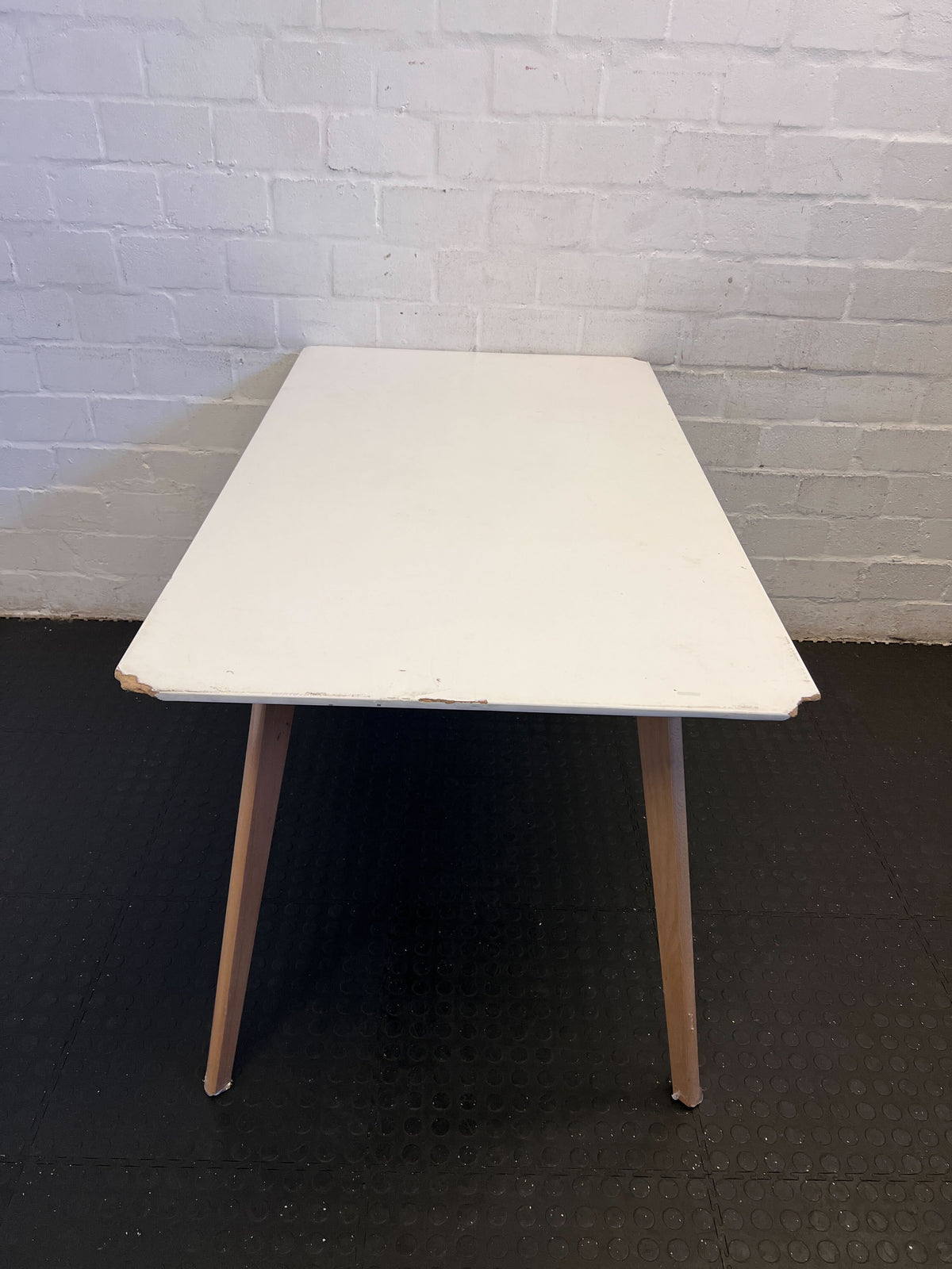 Chic White Rectangular Table with Natural Wood Legs – Minor Wear - REDUCED