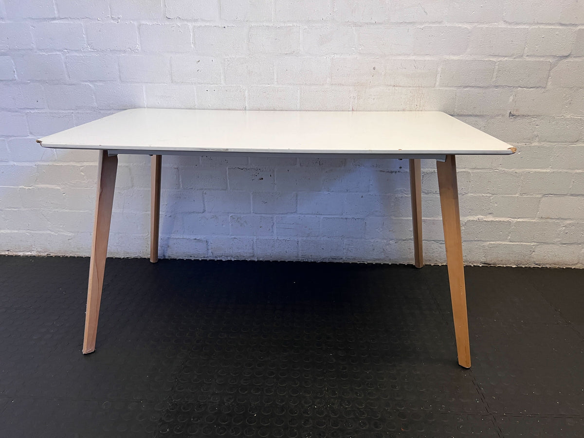 Chic White Rectangular Table with Natural Wood Legs – Minor Wear - REDUCED