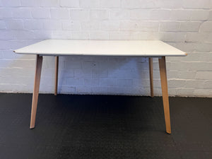Chic White Rectangular Table with Natural Wood Legs – Minor Wear - REDUCED