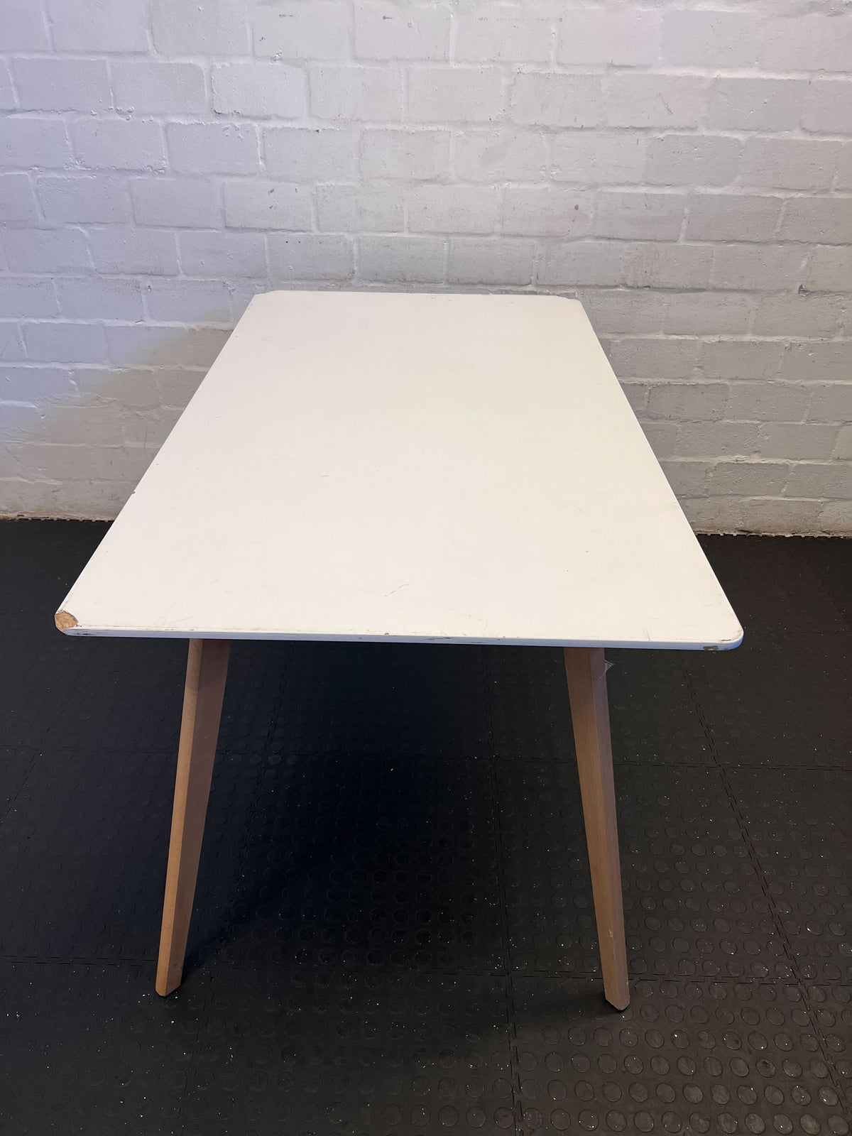 Chic White Rectangular Table with Natural Wood Legs – Minor Wear - REDUCED