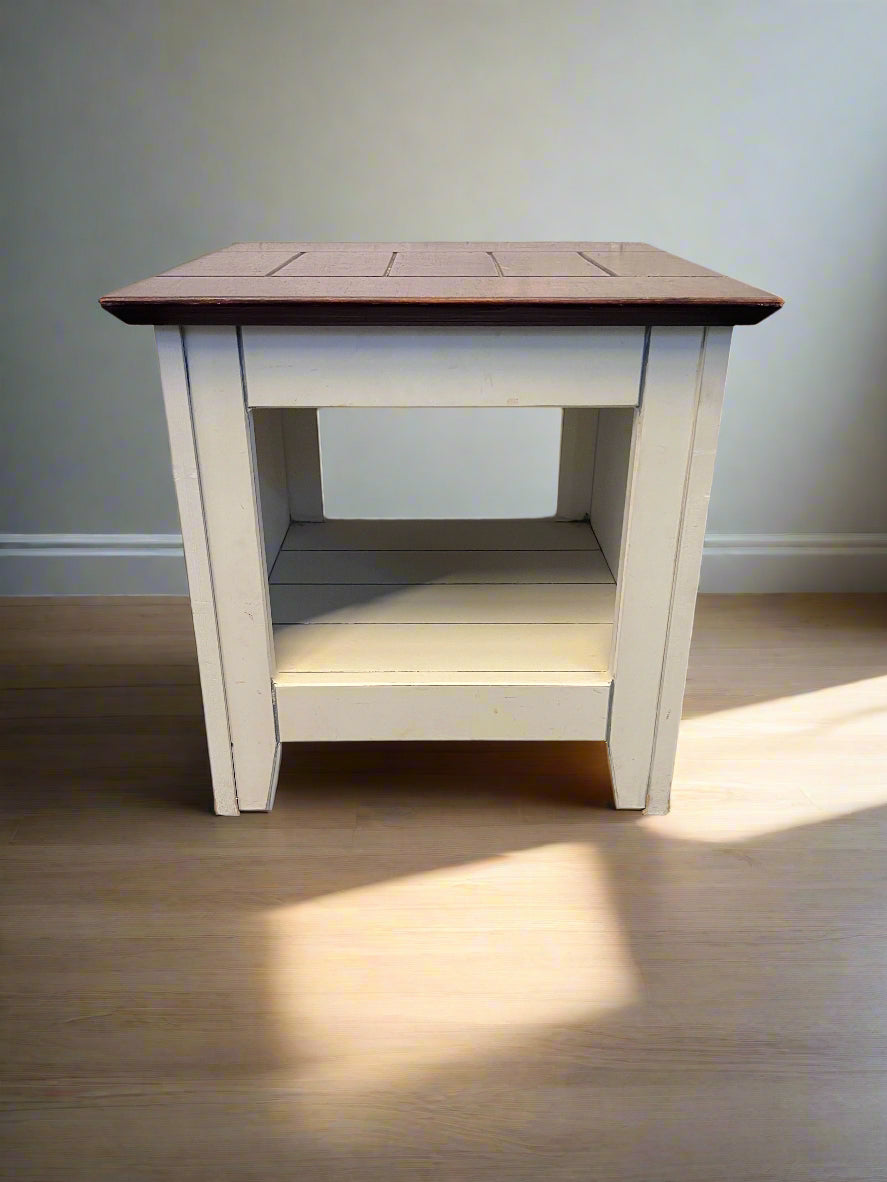 Chic White Wooden Side Table with Dark Wood Top – Minor Scuffs