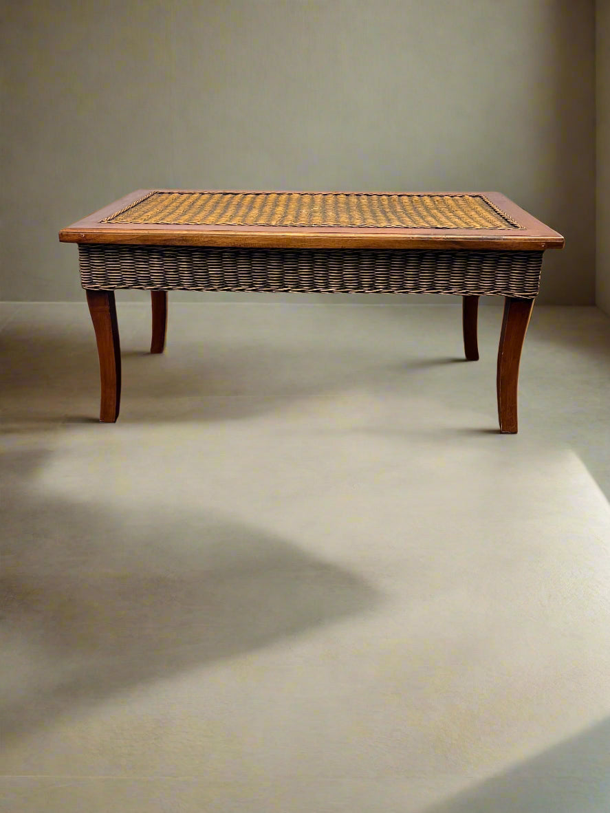 Wicker Coffee Table with Wooden Legs – Light Brown Finish