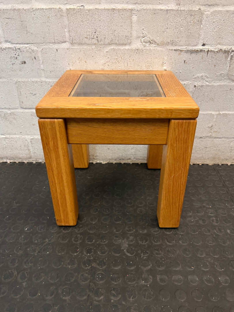 Chunky Wooden Side Table with Glass Inset - 2ndhandwarehouse.com