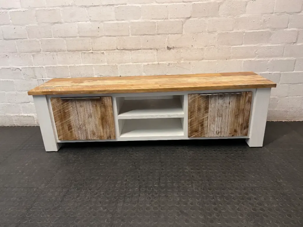 Cielo White and Natural Wood TV Unit — Mark from Candle Spillage on Surface