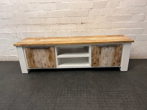 Cielo White and Natural Wood TV Unit — Mark from Candle Spillage on Surface