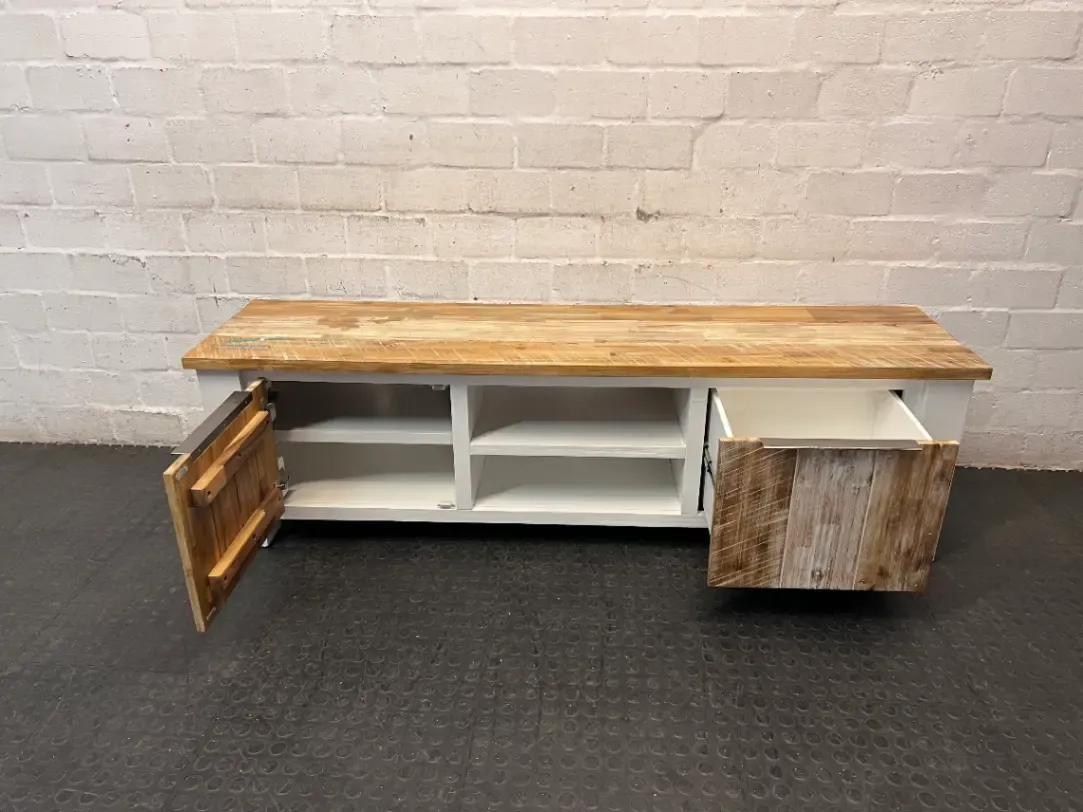Cielo White and Natural Wood TV Unit — Mark from Candle Spillage on Surface