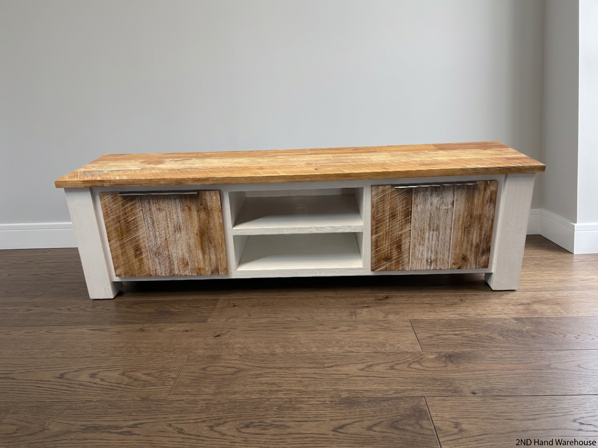 Cielo White and Natural Wood TV Unit — Mark from Candle Spillage on Surface