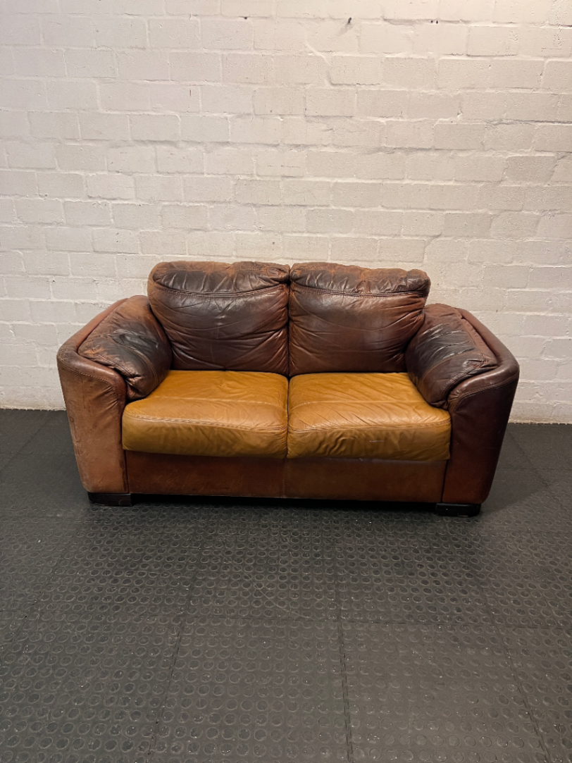 Classic Brown Two-Tone Leather 2 Seater Couch — Mismatched Leather Tones and Heavy Creasing