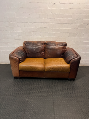 Classic Brown Two-Tone Leather 2 Seater Couch — Mismatched Leather Tones and Heavy Creasing