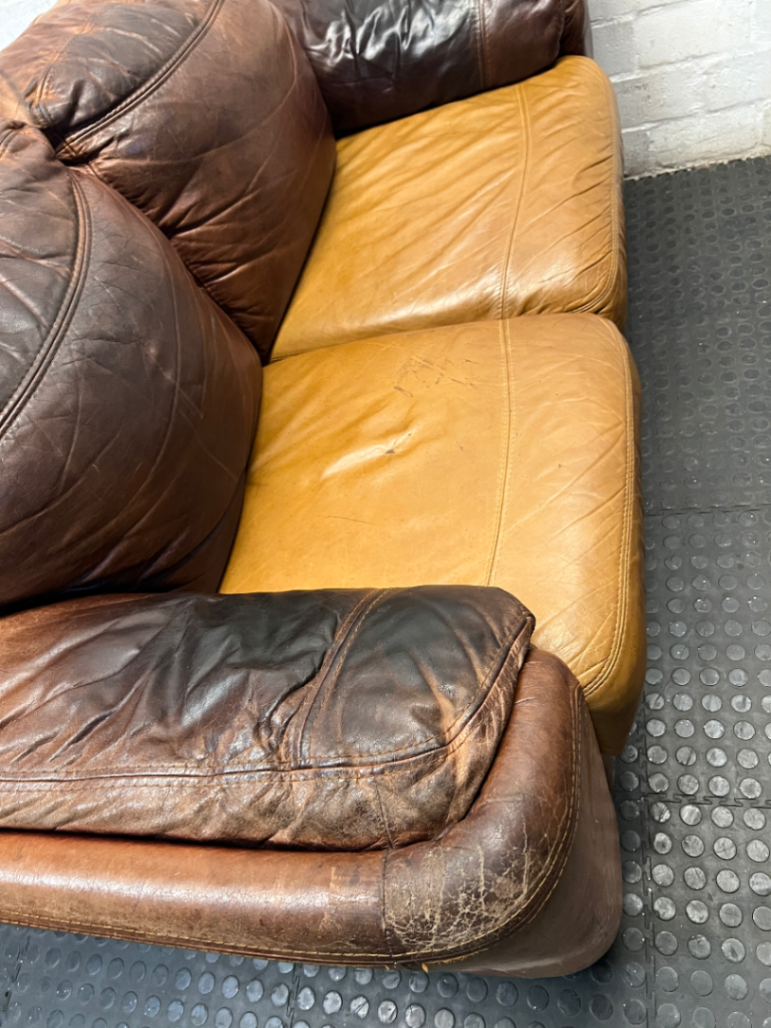 Classic Brown Two-Tone Leather 2 Seater Couch — Mismatched Leather Tones and Heavy Creasing