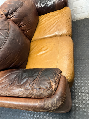 Classic Brown Two-Tone Leather 2 Seater Couch — Mismatched Leather Tones and Heavy Creasing