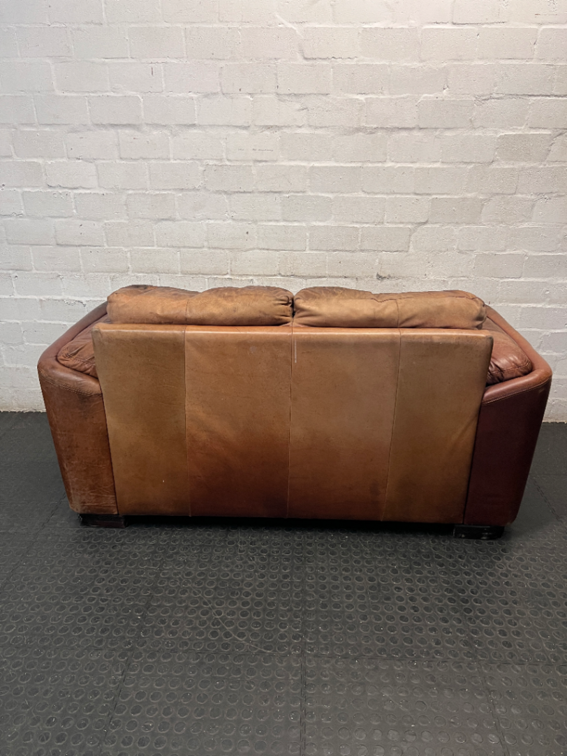 Classic Brown Two-Tone Leather 2 Seater Couch — Mismatched Leather Tones and Heavy Creasing