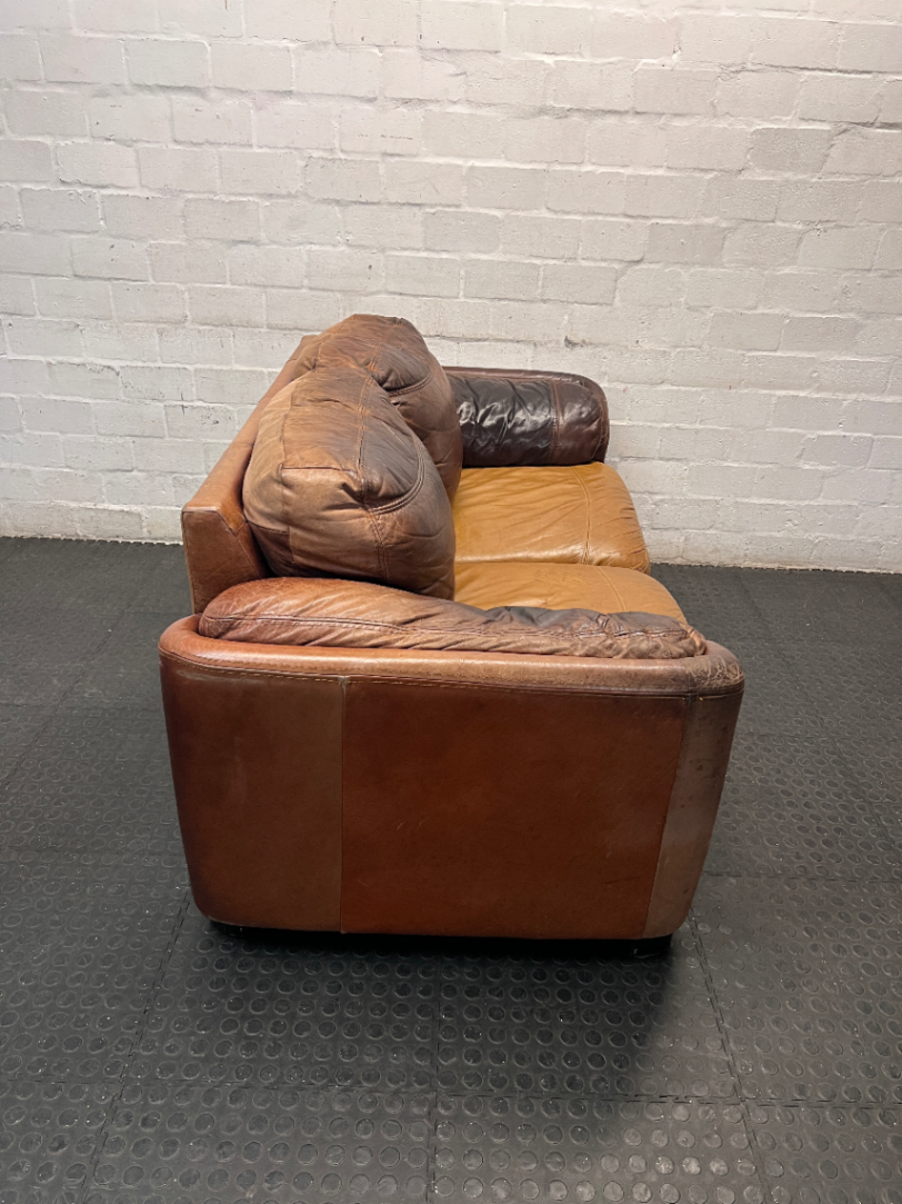 Classic Brown Two-Tone Leather 2 Seater Couch — Mismatched Leather Tones and Heavy Creasing