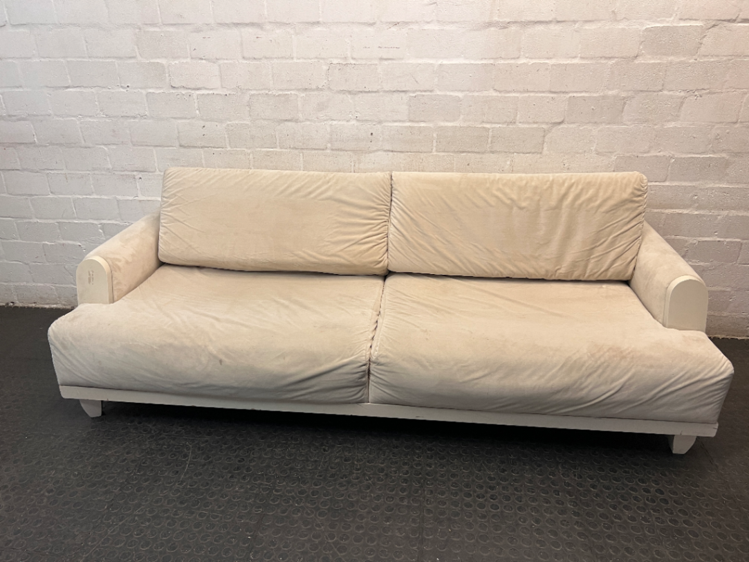 Classic Cream 2 Seater Couch with Low Profile Frame — Well Used Condition