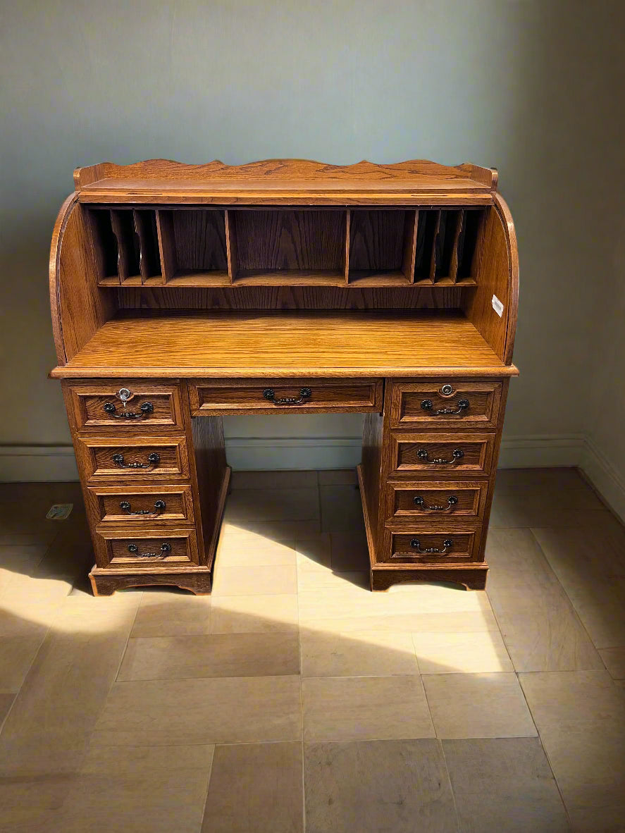Classic Oak Writing Desk with Hutch Storage and Elegant Details