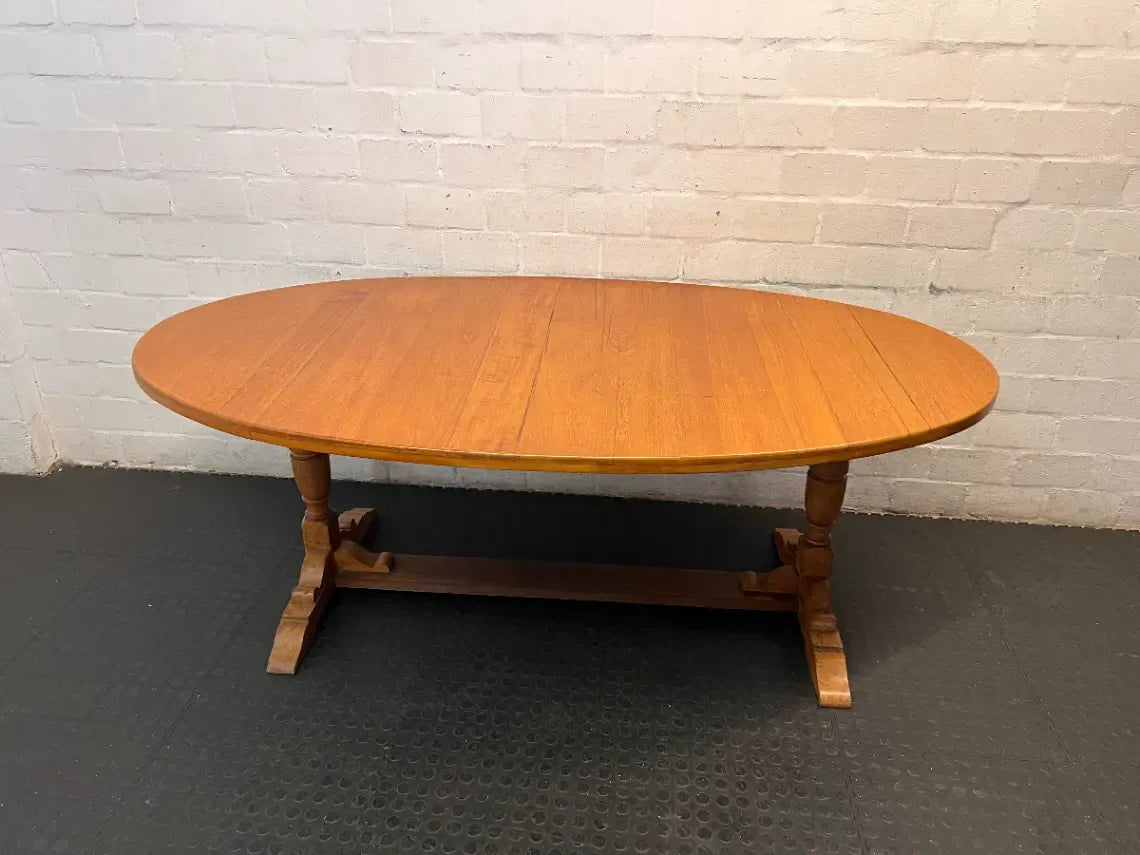 Classic Oval Wooden Trestle Dining Table — Fair Condition with Visible W - 2ndhandwarehouse.com