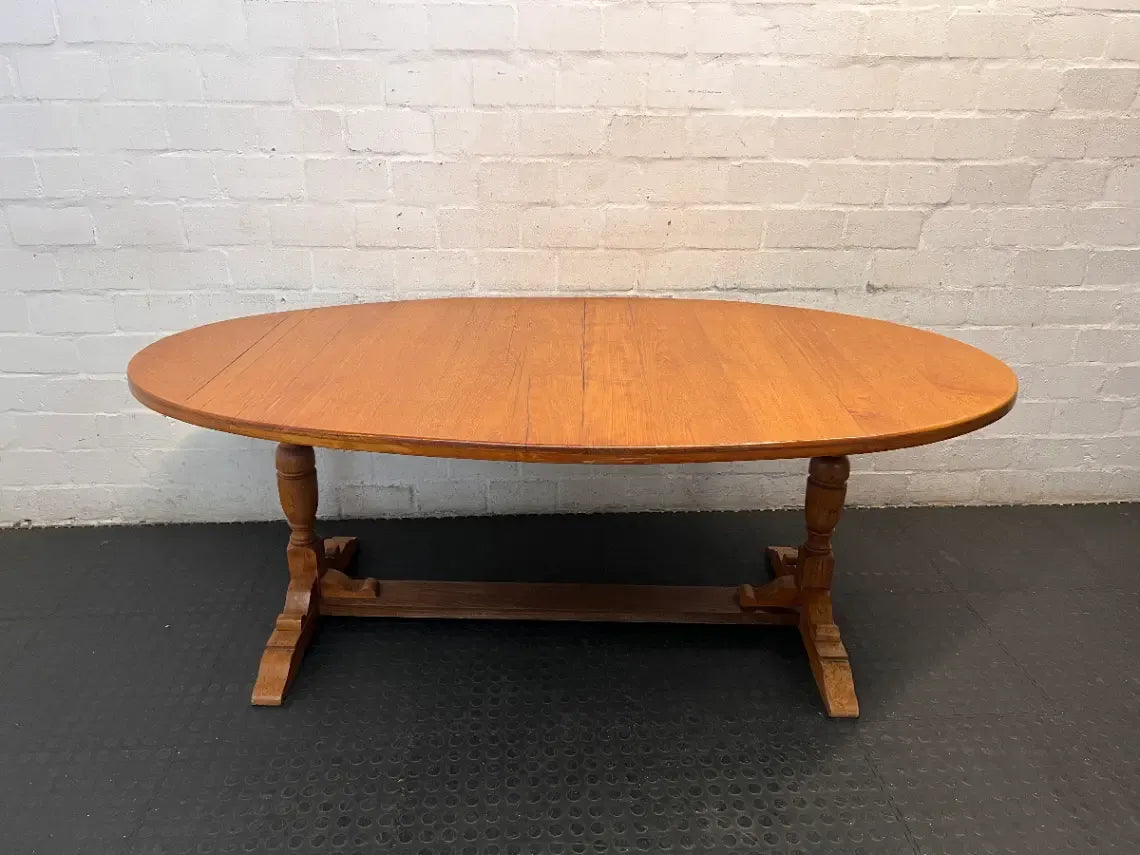 Classic Oval Wooden Trestle Dining Table — Fair Condition with Visible W - 2ndhandwarehouse.com