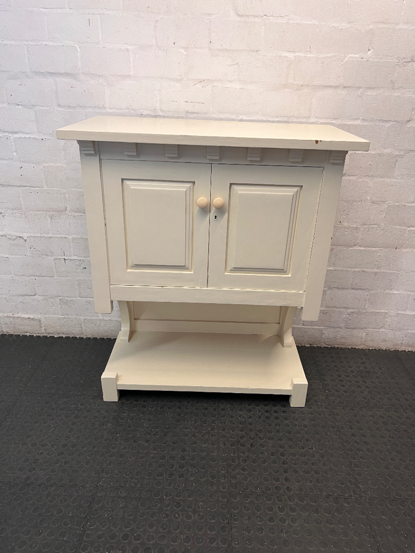 Classic Panelled Off-White Wooden Cupboard with Open Shelf — Moderate Signs of Use and Surface Wear