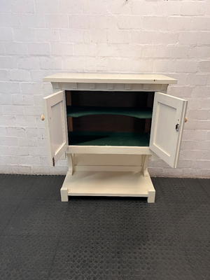 Classic Panelled Off-White Wooden Cupboard with Open Shelf — Moderate Signs of Use and Surface Wear